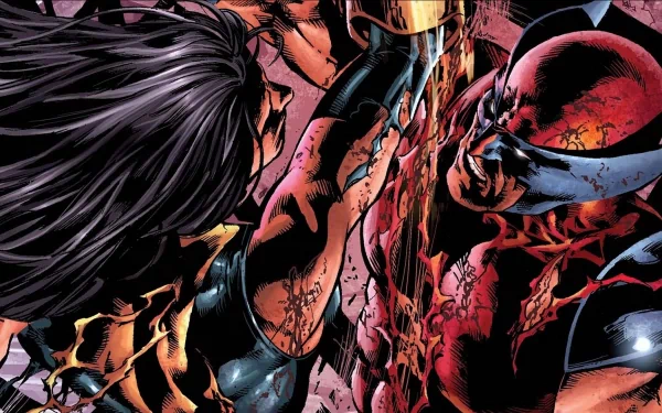 HD PC desktop wallpaper: comic-style close-up of Wolverine clashing with a Dark Avengers member, brutal action, torn costume and blood-splatter on a dark, high-contrast background.