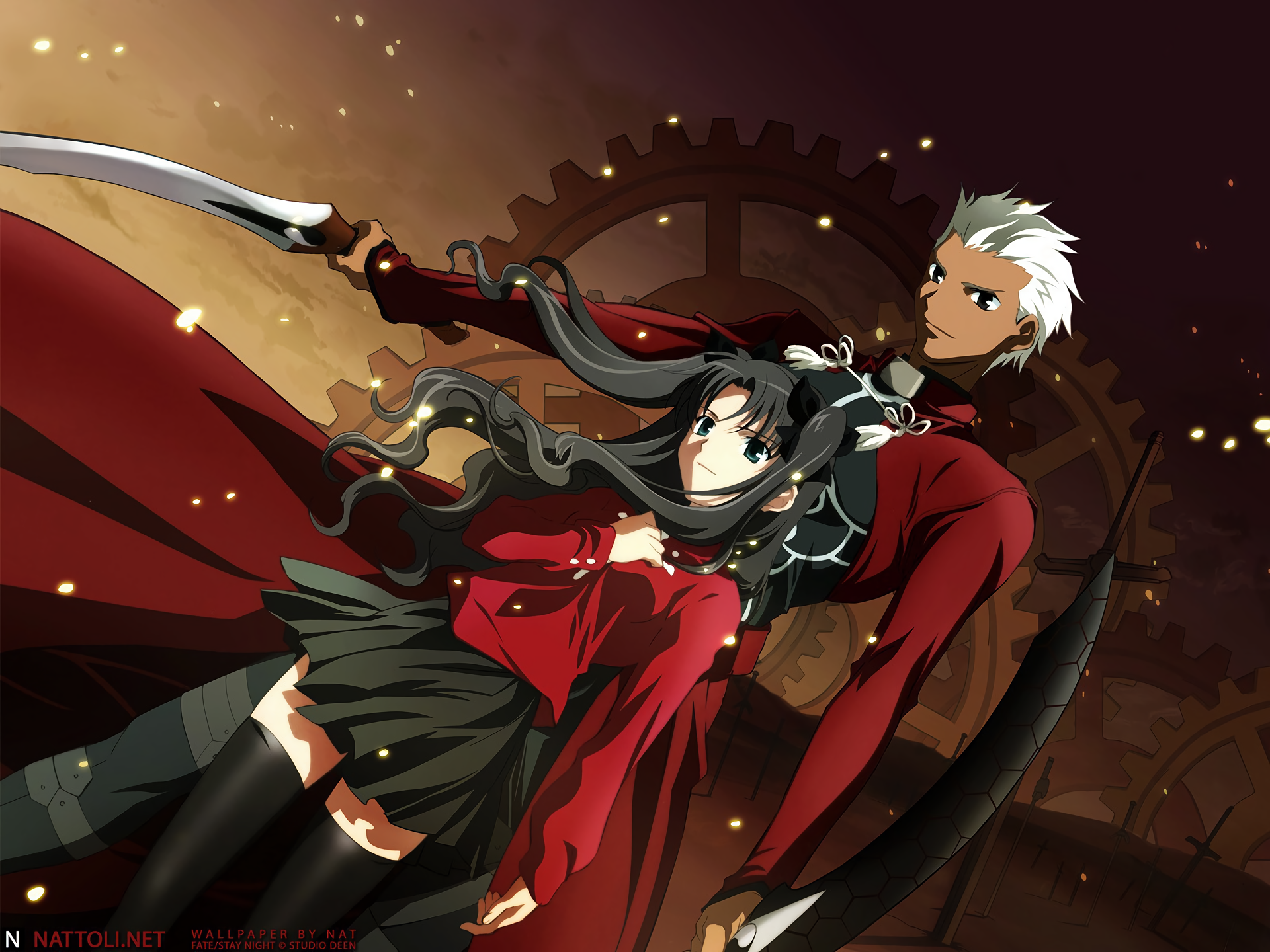 Rin Tohsaka and Archer from Fate/Stay Night engage in an intense battle on a vibrant background.