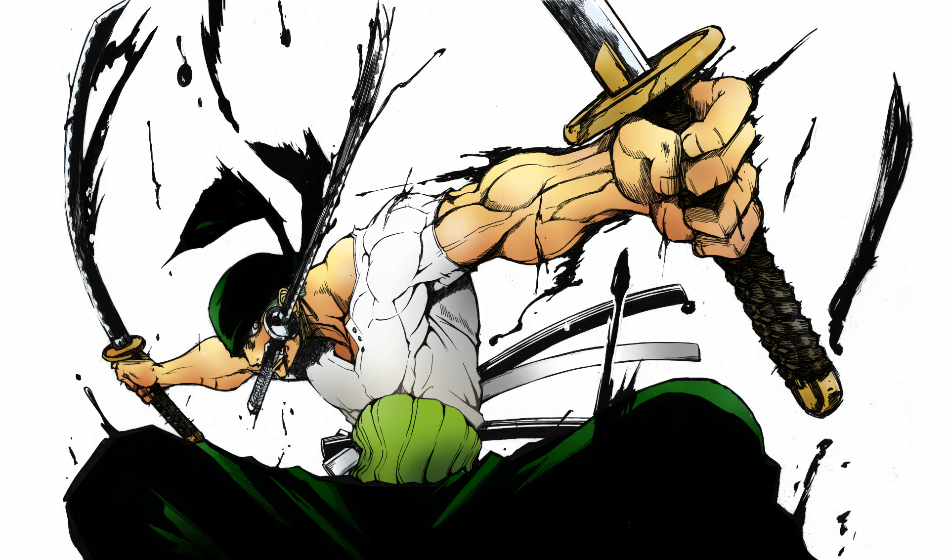 Anime character Roronoa Zoro from One Piece wielding the powerful Santoryu technique.