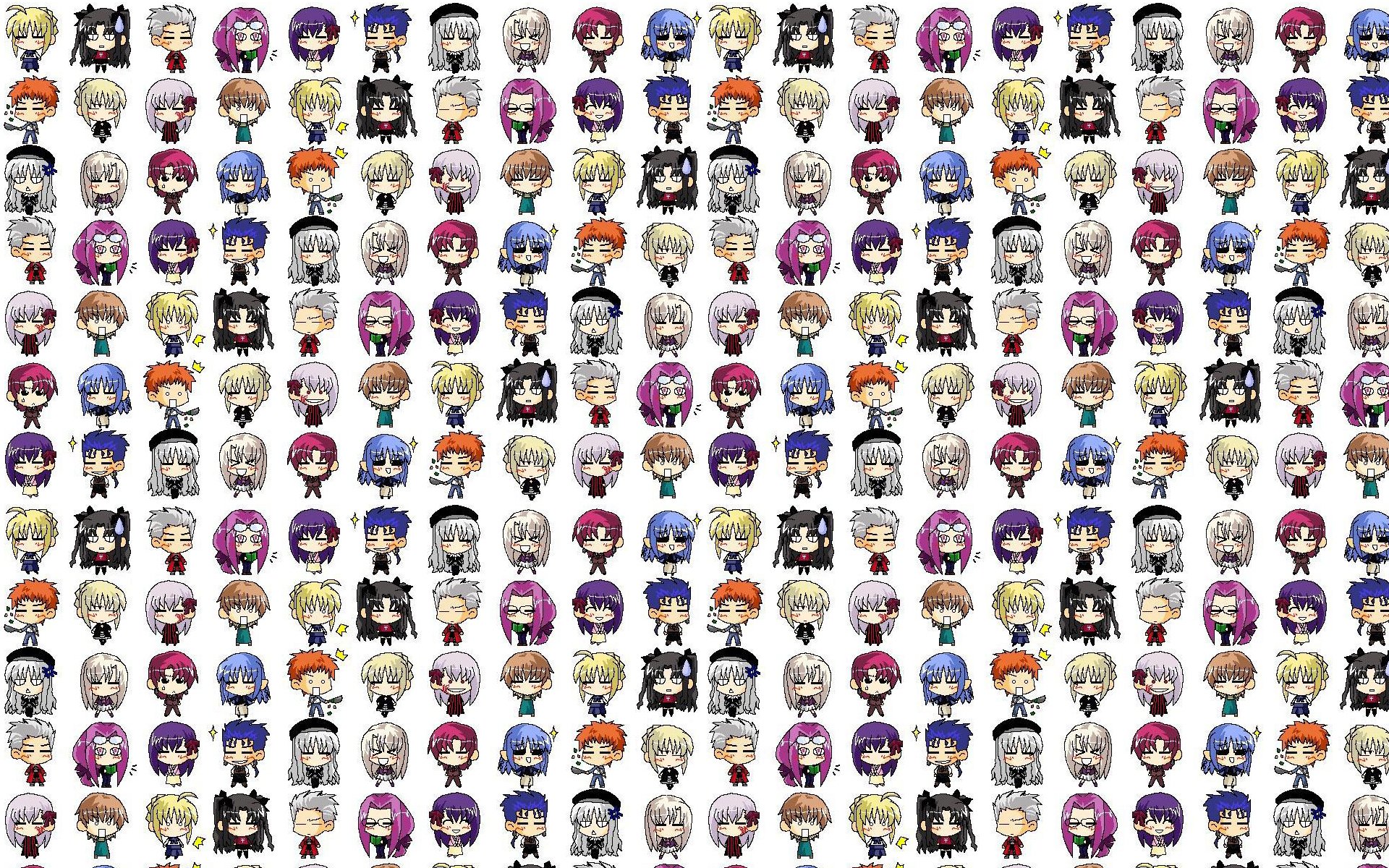 HD PC desktop wallpaper featuring chibi-style characters from Fate/Stay Night, including Archer, Assassin, Rider, Saber, Shirou Emiya, Rin Tohsaka, and others.
