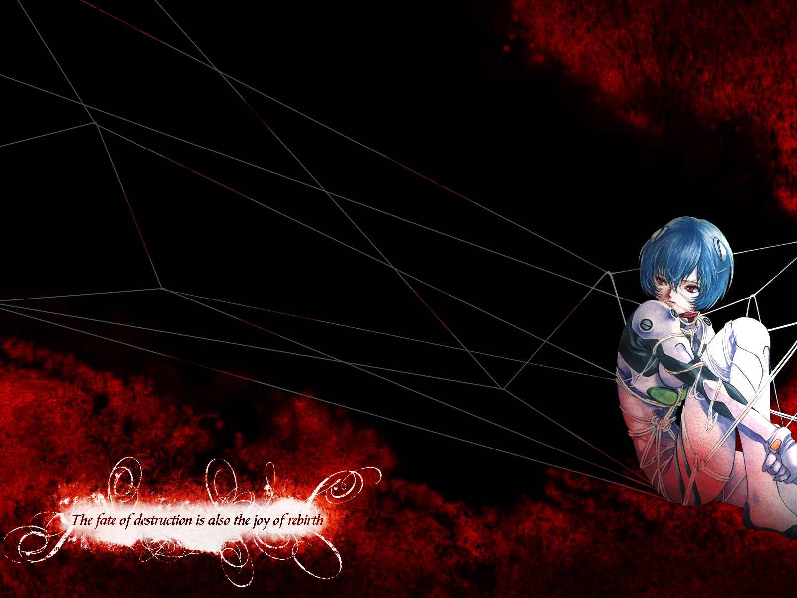 HD PC desktop wallpaper featuring anime character Rei Ayanami from Neon Genesis Evangelion, set against a dark, red and black background with stylized text.