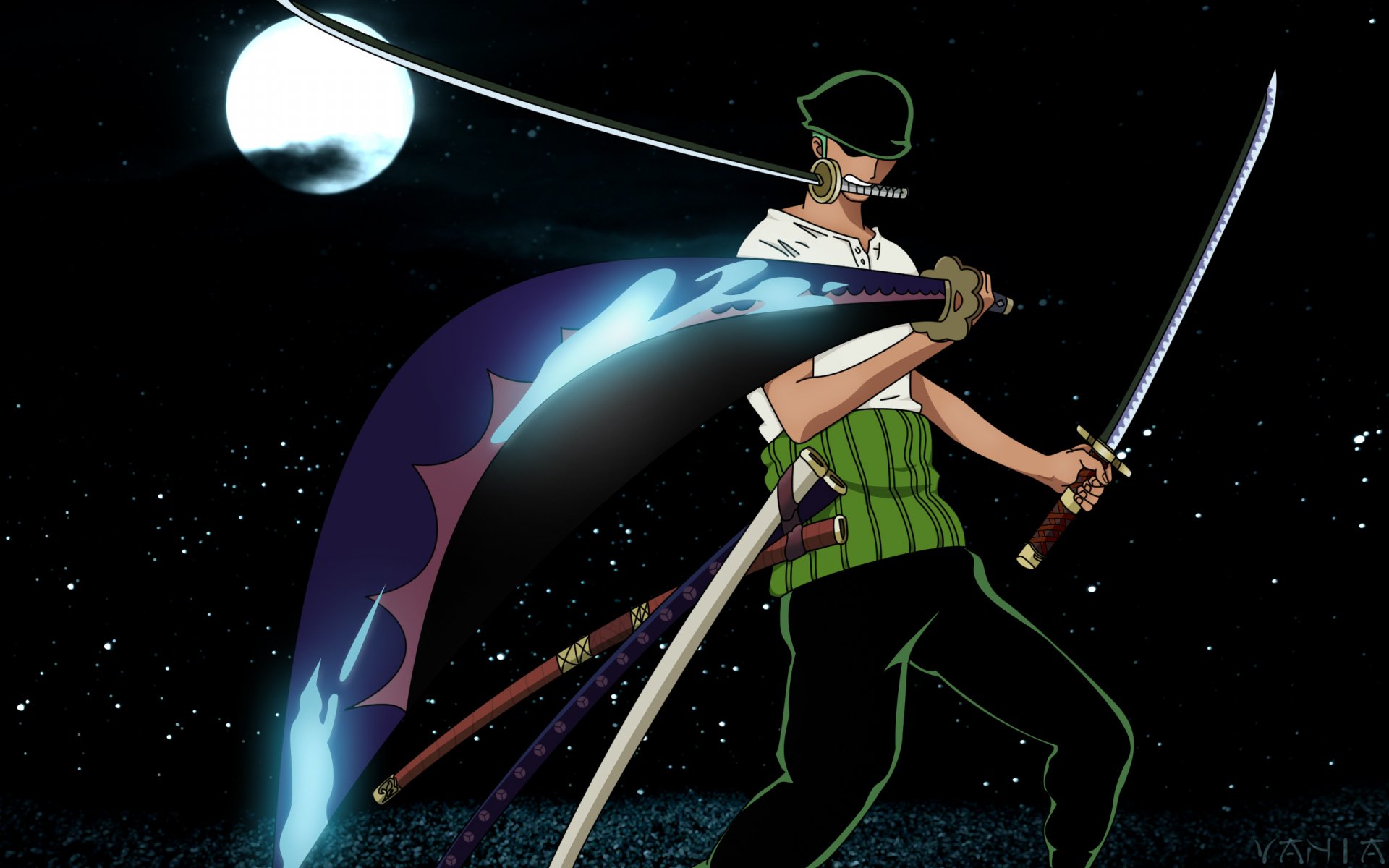 Roronoa Zoro from the anime One Piece stands confidently with swords drawn, set against a night sky and a full moon, creating a striking HD desktop wallpaper.