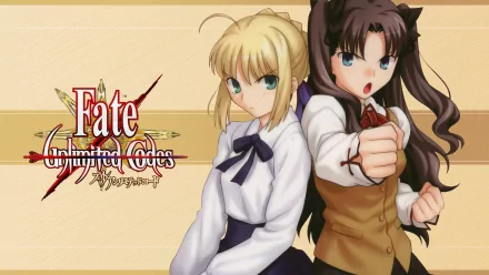 HD PC desktop wallpaper featuring Saber and Rin Tohsaka from the anime Fate/unlimited codes, showcasing detailed character art against a light background.