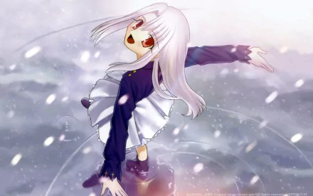 Illyasviel Von Einzbern from Fate/Stay Night, depicted in an enchanting winter scene, joyfully spinning in the snow with a bright smile, in a vibrant anime style. High-definition wallpaper.