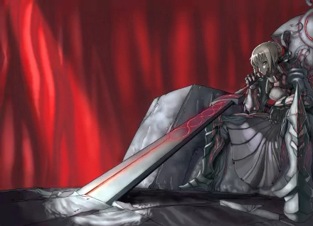 A striking HD wallpaper featuring Saber Alter from the anime Fate/Stay Night, sitting with a large sword against a dramatic red background.