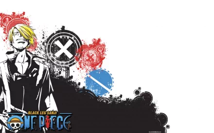 HD wallpaper featuring Sanji from One Piece, showcasing his iconic pose against a dynamic background with vibrant colors and symbols from the anime.