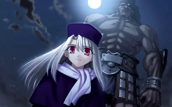 A captivating HD wallpaper featuring Illyasviel Von Einzbern from Fate/stay night, standing confidently with a towering Berserker against a moonlit backdrop.