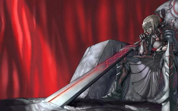 A striking HD wallpaper featuring Saber Alter from the anime Fate/Stay Night, sitting with a large sword against a dramatic red background.