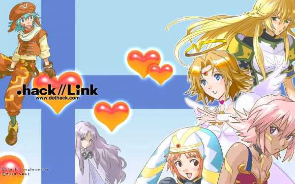 HD PC desktop wallpaper/background featuring Kite and Adamas from .hack//Link, anime characters in colorful outfits with hearts on a blue background.