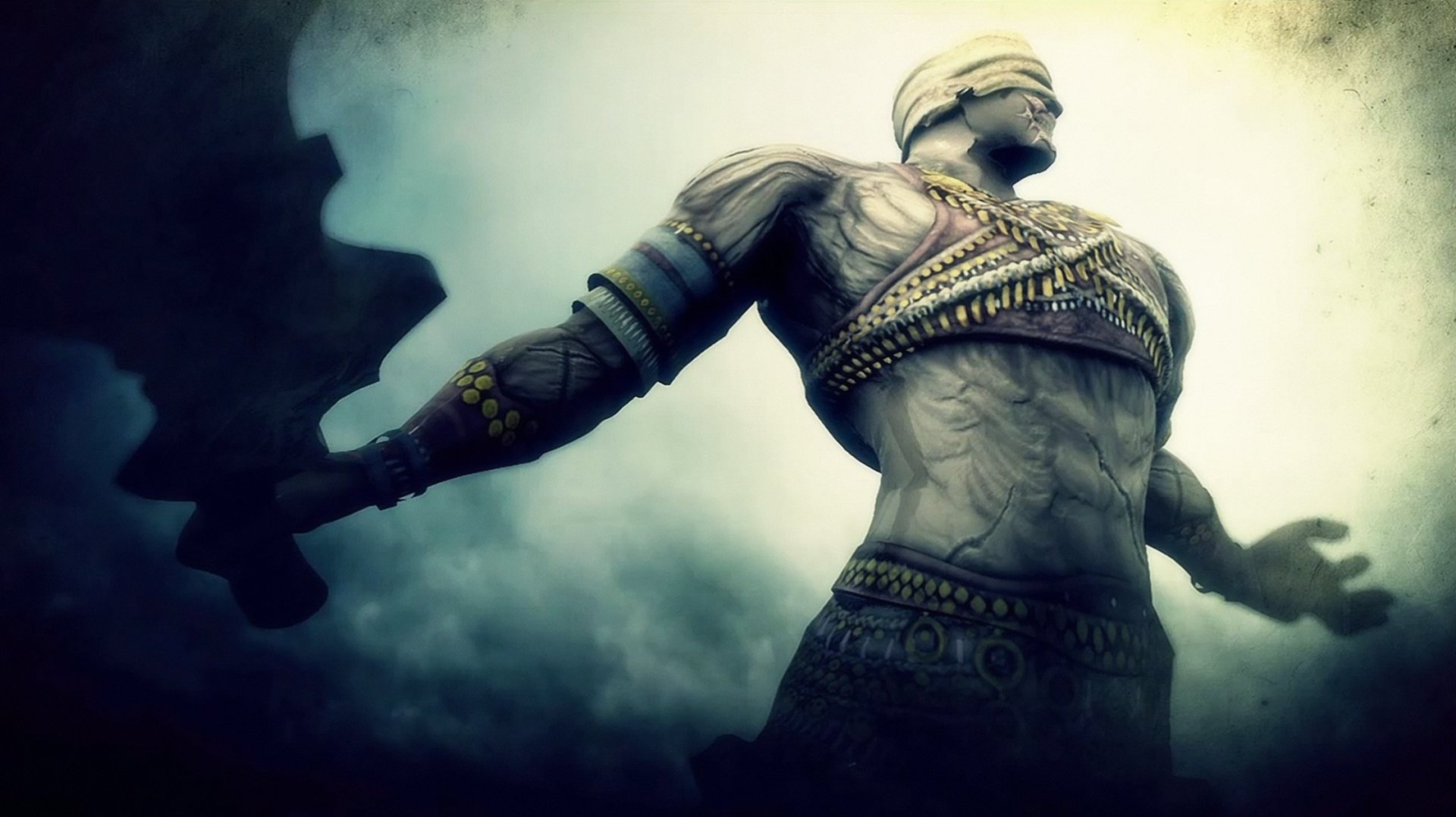 HD PC desktop wallpaper: towering blindfolded, bandaged warrior from the video game Demon's Souls, muscles tensed and arm outstretched amid fog and eerie light.