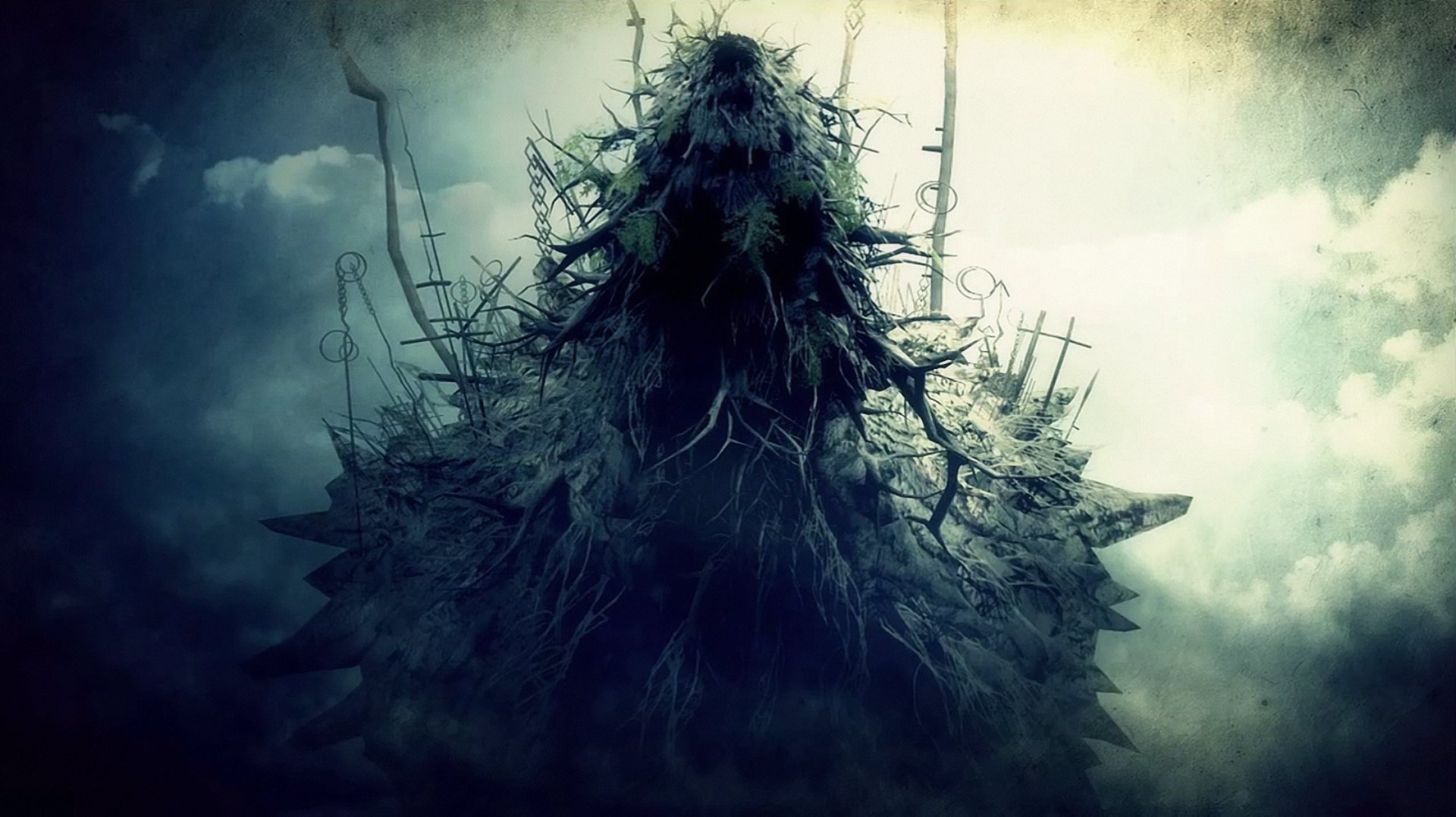 HD PC desktop wallpaper featuring a dark, eerie figure from the video game Demon's Souls shrouded in mist and twisted branches.