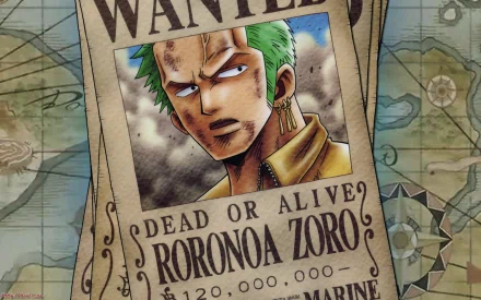 HD desktop wallpaper featuring a wanted poster of Roronoa Zoro from the anime One Piece, with a reward of 120,000,000. The background displays a map and additional pirate-themed elements.