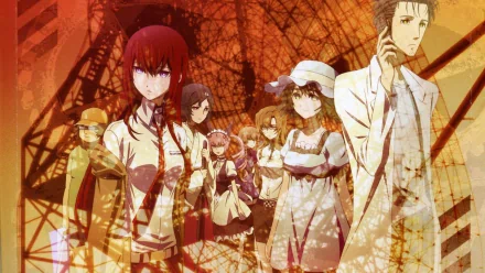 A dynamic HD wallpaper featuring characters from the anime Steins;Gate, including Rintaro Okabe, Kurisu Makise, and Mayuri Shiina, set against a striking orange background.