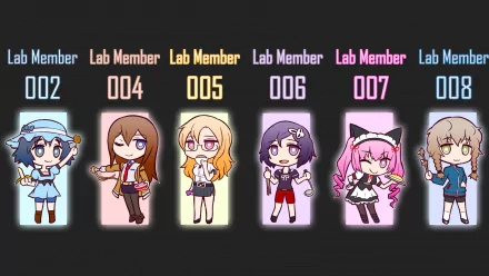Chibi characters from the anime Steins;Gate are displayed in an HD wallpaper, showcasing various lab members with colorful backgrounds and fun expressions.