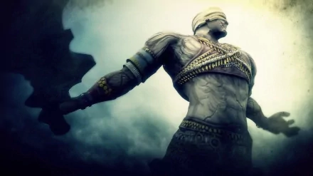 HD PC desktop wallpaper: towering blindfolded, bandaged warrior from the video game Demon's Souls, muscles tensed and arm outstretched amid fog and eerie light.