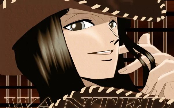 A striking HD desktop wallpaper featuring Nico Robin from the anime One Piece, showcasing her distinctive hat and captivating smile against a stylish background.