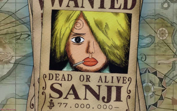 A high-definition desktop wallpaper featuring Sanji from the anime One Piece, showcasing his iconic wanted poster with the text “Dead or Alive” and a bounty of $77,000,000.