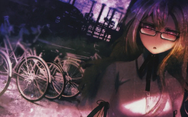 A captivating HD desktop wallpaper featuring Moeka Kiryū from the anime Steins;Gate, with a moody atmosphere and bicycles in the background.