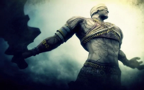 HD PC desktop wallpaper: towering blindfolded, bandaged warrior from the video game Demon's Souls, muscles tensed and arm outstretched amid fog and eerie light.