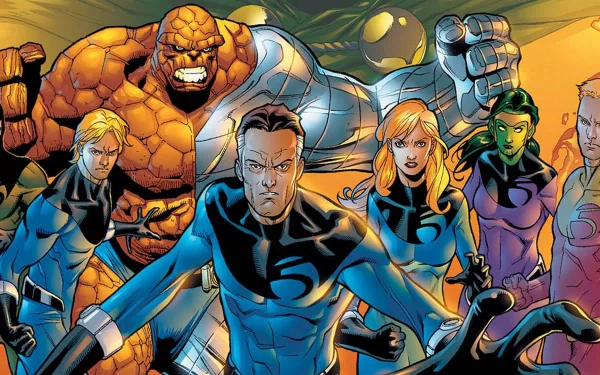 HD PC desktop wallpaper featuring the Fantastic Four and allies, including Mister Fantastic, Invisible Woman, Human Torch, Thing, Susan Storm, Johnny Storm, Reed Richards, and Doctor Doom.
