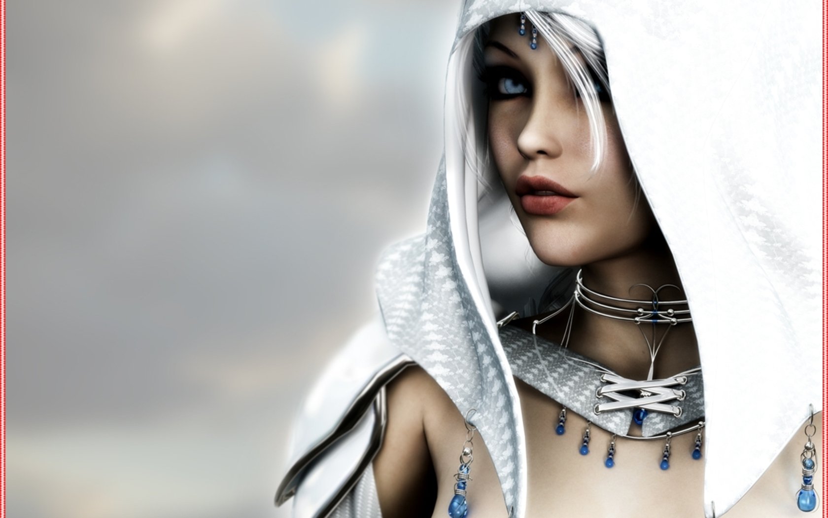 Artistic HD PC desktop wallpaper featuring a close-up of a woman with white hair and a hood, adorned with delicate jewelry against a soft, blurred background.