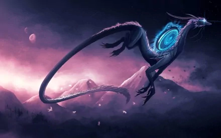 HD fantasy PC desktop wallpaper featuring a majestic dragon with glowing blue markings soaring above misty mountains at twilight.