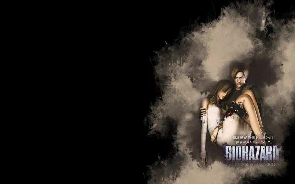 HD PC wallpaper featuring Manuela Hidalgo and Leon S. Kennedy from the video game Resident Evil: The Darkside Chronicles, set against a dark smoky background.