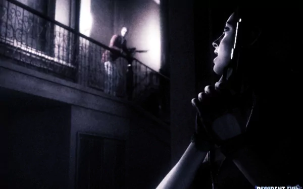 HD PC desktop wallpaper featuring a dark, suspenseful scene from the video game Resident Evil: The Darkside Chronicles with a figure aiming from a balcony.