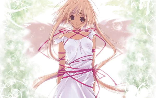 Anime angel with long blonde hair and pink ribbons, wearing a white dress. The background features a soft, ethereal green and white design. Eve License Organization HD desktop wallpaper.