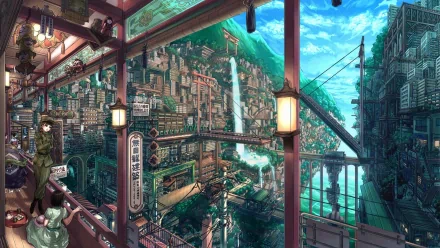 A vibrant anime-inspired cityscape features intricate architecture, a cascading waterfall, and lush greenery, creating a stunning HD desktop wallpaper and background.
