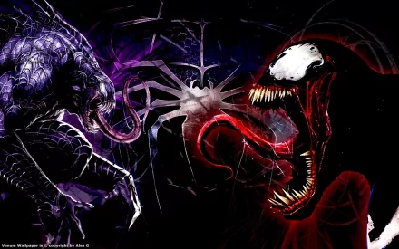 HD desktop wallpaper featuring striking art of Spider-Man's foes Venom and Carnage in a dark, intense comic-style setting. The central motif includes a spider logo with vibrant contrast.