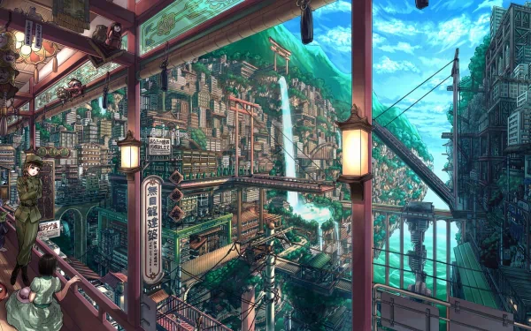 A vibrant anime-inspired cityscape features intricate architecture, a cascading waterfall, and lush greenery, creating a stunning HD desktop wallpaper and background.