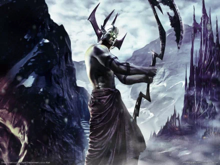 HD fantasy desktop wallpaper from the video game Dungeons & Dragons: Dragonshard, featuring a horned warrior holding a staff amidst dark mountainous terrain.