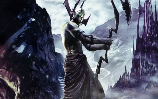 HD fantasy desktop wallpaper from the video game Dungeons & Dragons: Dragonshard, featuring a horned warrior holding a staff amidst dark mountainous terrain.