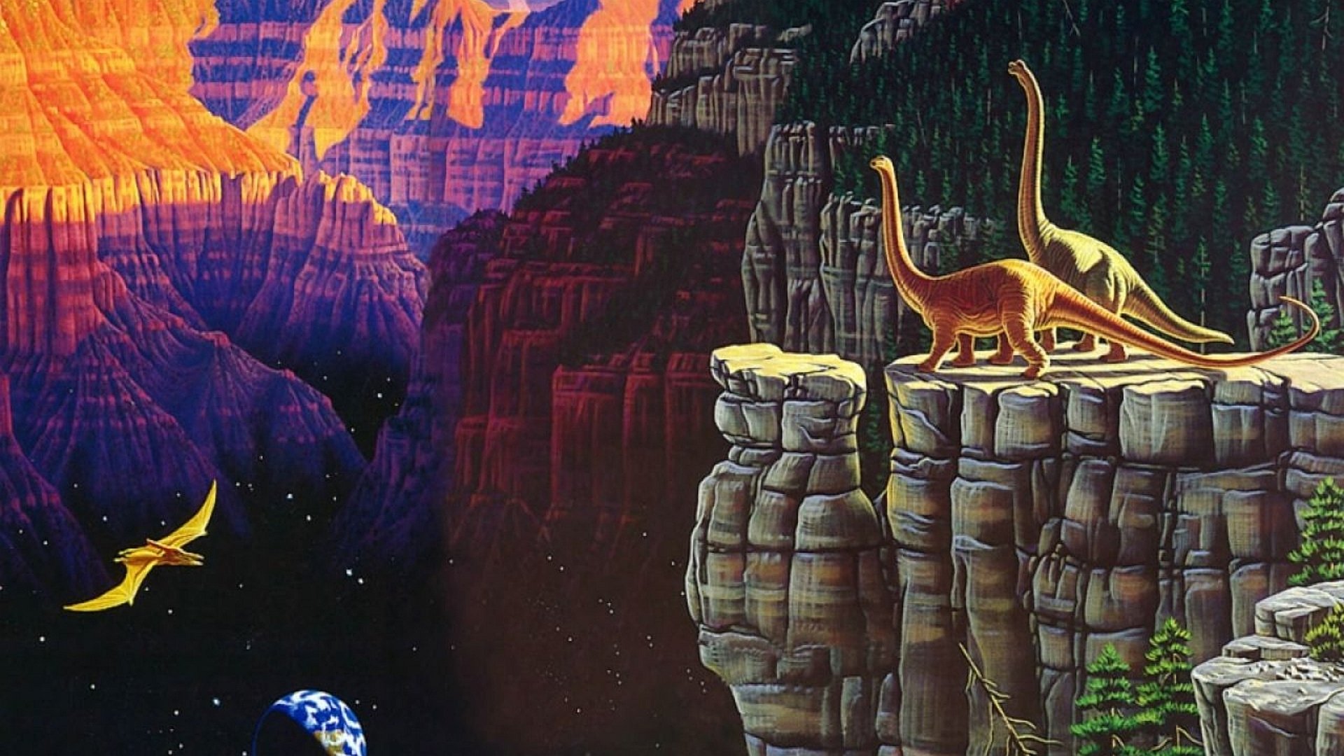 HD PC desktop wallpaper featuring two dinosaurs standing on rocky cliffs with a vibrant, colorful canyon landscape in the background.