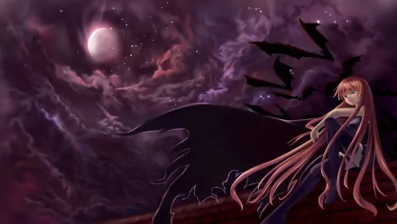 Evangeline A.K. McDowell (Negima! anime) HD PC desktop wallpaper: she stands on a rooftop with flowing hair and tattered cloak, bats soaring under a crimson moon and stormy purple sky.