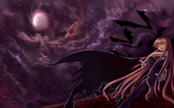 Evangeline A.K. McDowell (Negima! anime) HD PC desktop wallpaper: she stands on a rooftop with flowing hair and tattered cloak, bats soaring under a crimson moon and stormy purple sky.