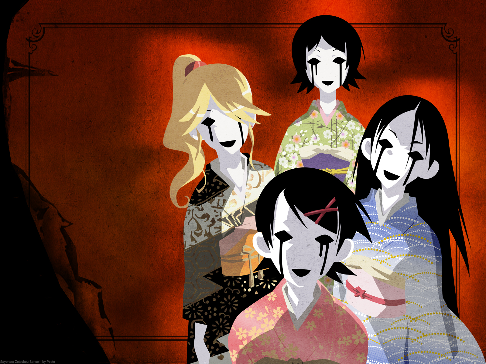 Characters from Sayonara Zetsubou-Sensei: Kaere, Kafuka, Chiri, Nami