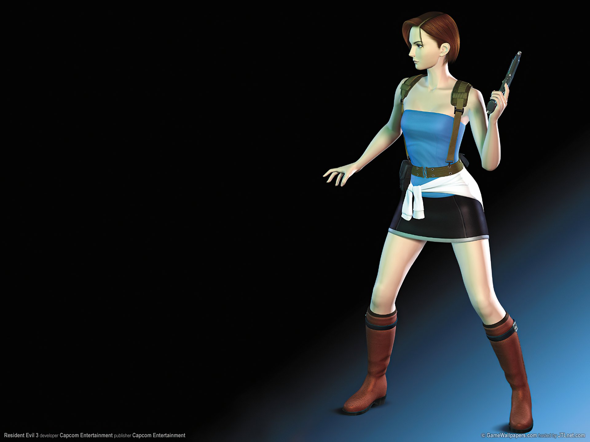 HD PC desktop wallpaper featuring Jill Valentine from the video game Resident Evil 3: Nemesis, standing ready with a handgun against a dark background.