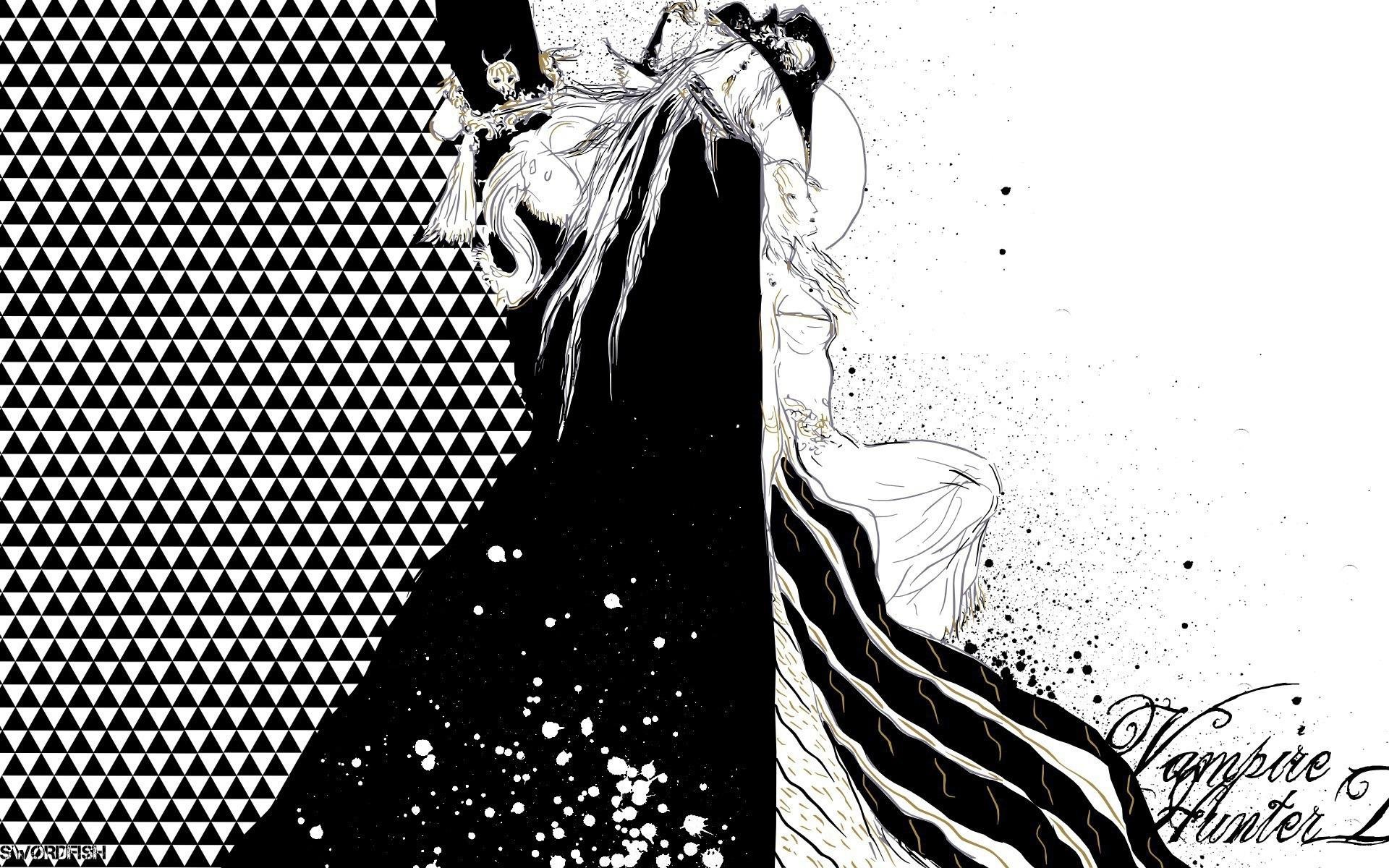 HD PC desktop wallpaper featuring a striking black-and-white anime illustration from Vampire Hunter D, showcasing dramatic contrasts and intricate character design.