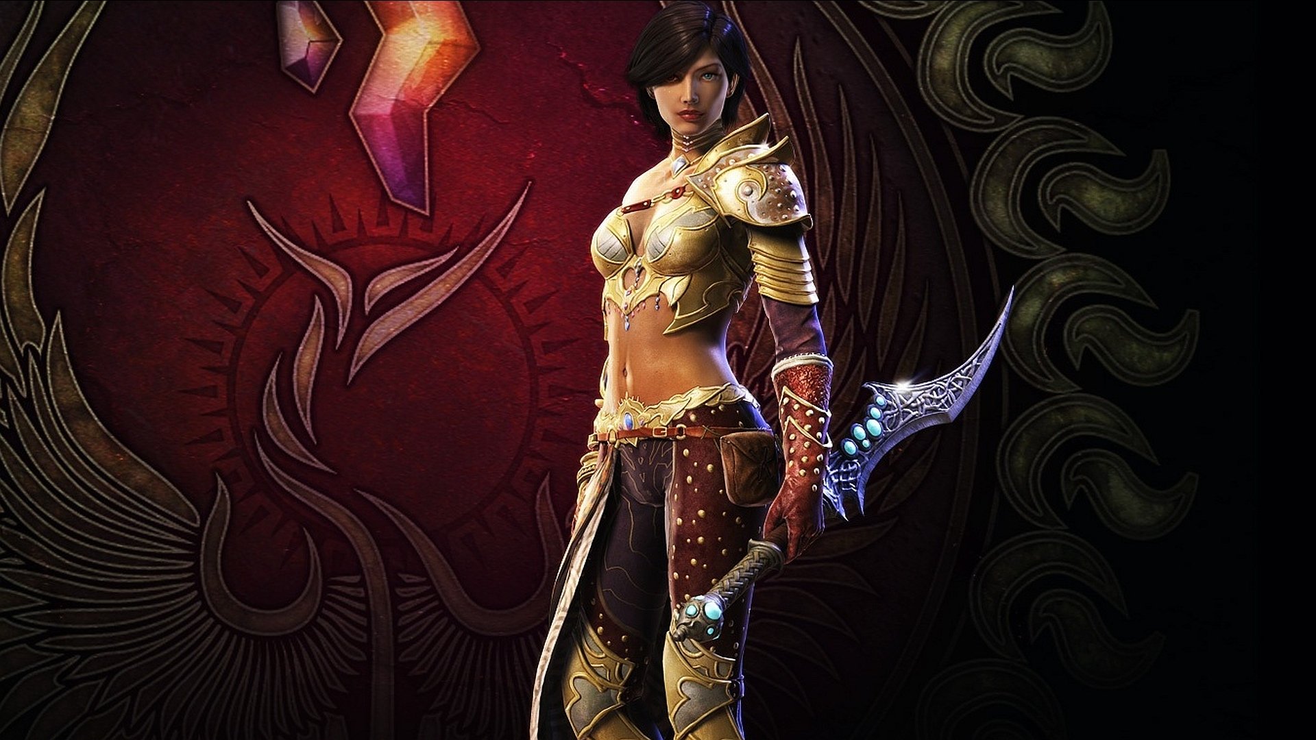 HD fantasy PC wallpaper featuring a confident woman warrior in ornate armor, holding a glowing sword against a dark, mystical background.