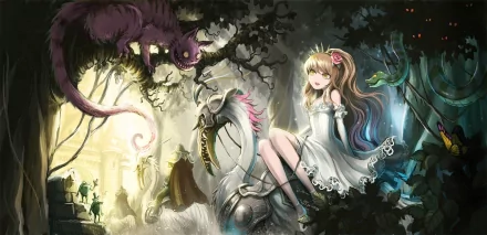A whimsical HD desktop wallpaper featuring an anime-inspired Alice in Wonderland, with Alice sitting on a fantastical creature surrounded by the Cheshire Cat and enchanted scenery.