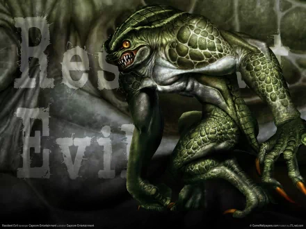 HD PC desktop wallpaper: Resident Evil green reptilian monster crouching with razor claws and a fanged maw against a faded game-logo background.