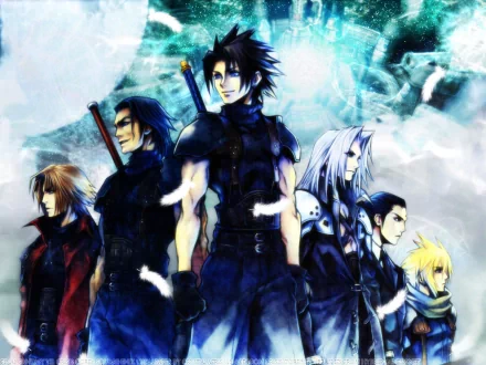A dynamic HD wallpaper featuring iconic characters from Crisis Core: Final Fantasy VII, including Cloud Strife, Zack Fair, Sephiroth, Genesis Rhapsodos, Angeal Hewley, and others.