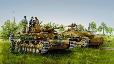 HD PC desktop wallpaper featuring two camouflaged military tanks with soldiers in a green field under a clear sky.