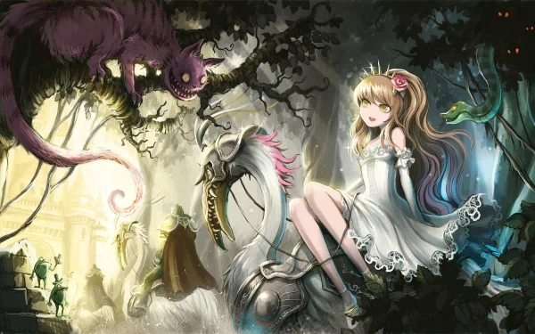 A whimsical HD desktop wallpaper featuring an anime-inspired Alice in Wonderland, with Alice sitting on a fantastical creature surrounded by the Cheshire Cat and enchanted scenery.