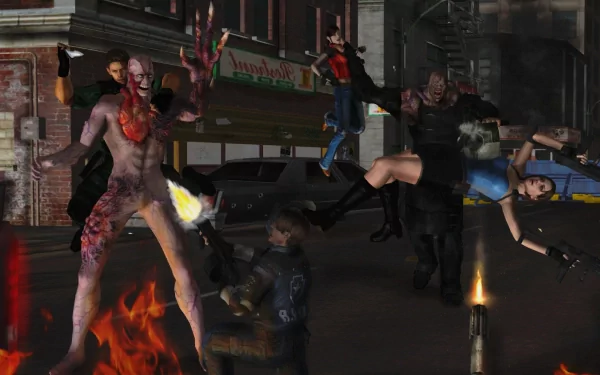 HD PC desktop wallpaper featuring intense combat scenes from the Resident Evil video game, showcasing characters and a dark urban environment.