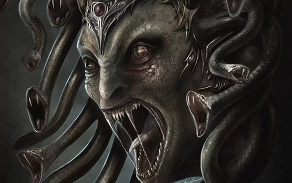 HD fantasy desktop wallpaper featuring a detailed, fierce Medusa with snake hair and an open-mouthed, menacing expression.