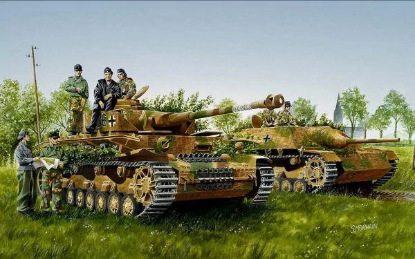 HD PC desktop wallpaper featuring two camouflaged military tanks with soldiers in a green field under a clear sky.