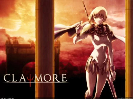 HD anime desktop wallpaper featuring a Claymore warrior standing between pillars with a glowing sunset sky in the background.